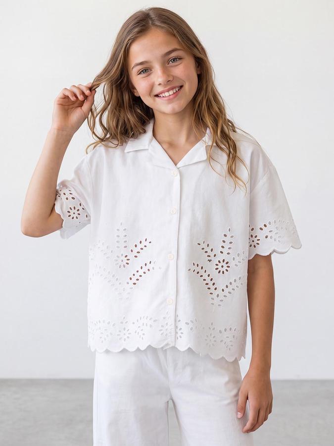 R&B Girls White Self Design Collared Neck Short Sleeves Shirt