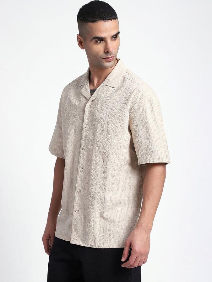 R&B Men Beige Self Design Half Sleeves Cuban Collar Relaxed Fit Shirt