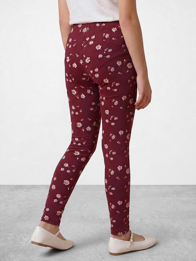 R&B Girl's Maroon Floral Printed Cotton Leggings