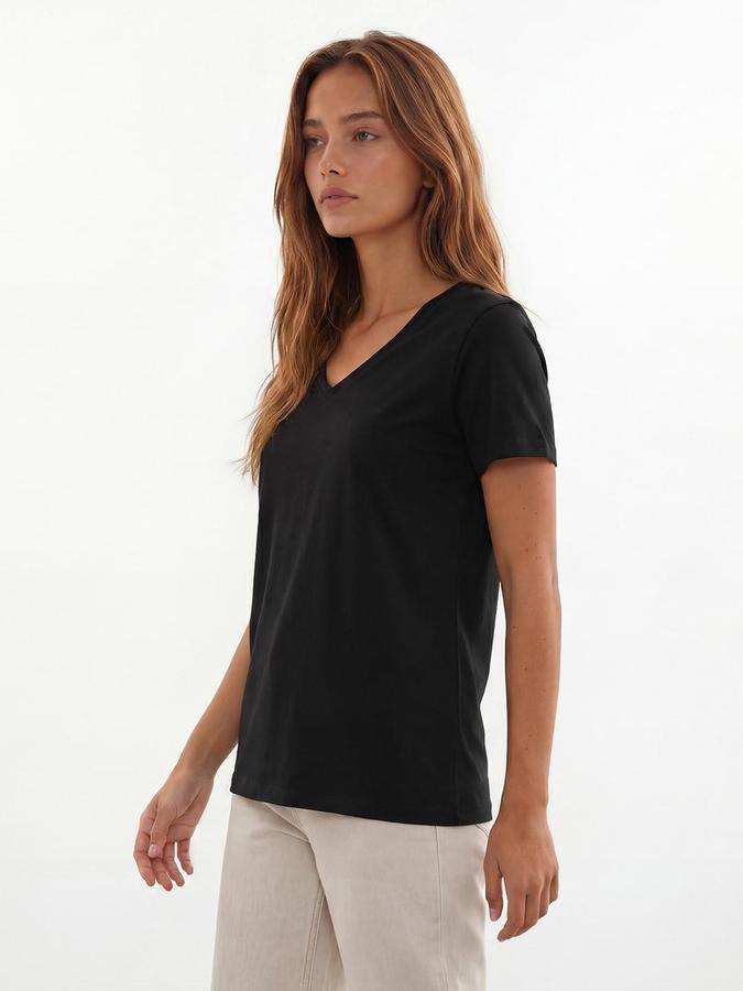 R&B Womens Classic Black Solid V-Neck Half Sleeve Regular Fit T-Shirt