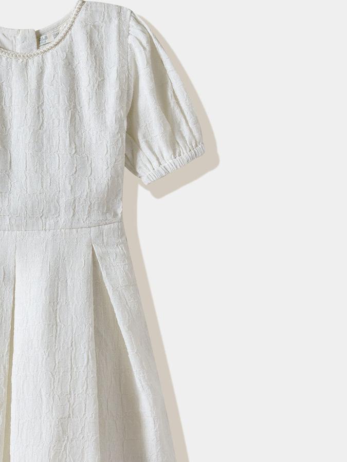 R&B Girls White Self Half Sleeves Round Neck Knee Length A-Line Dress