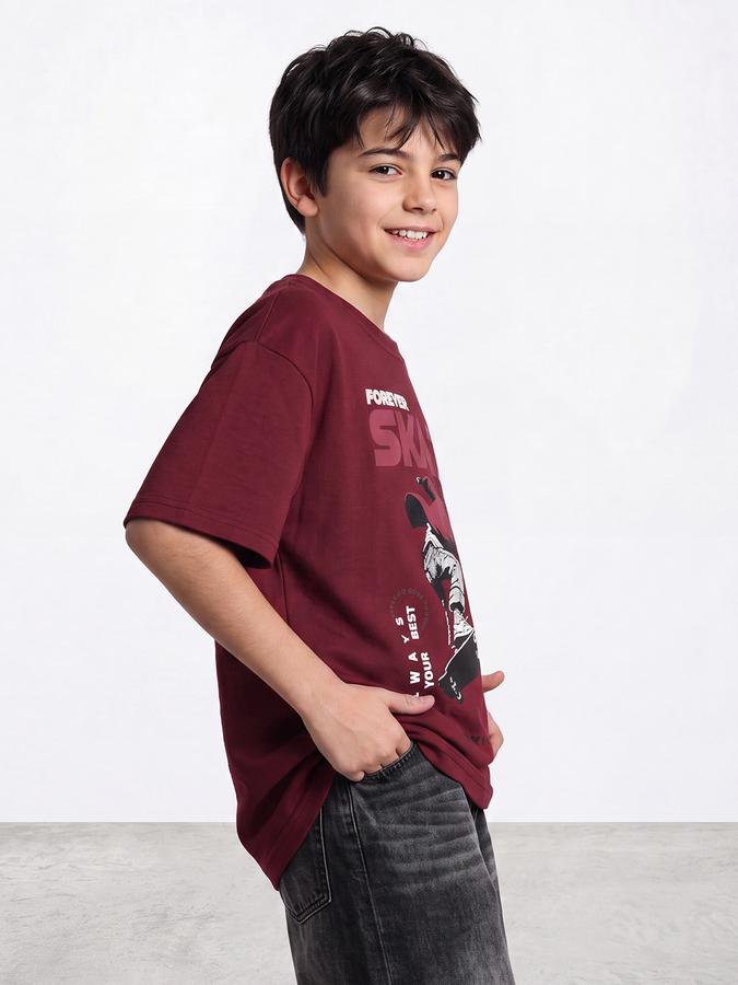 R&B Boys Maroon 3D Puff Print Drop-Shoulder Sleeves Tshirt