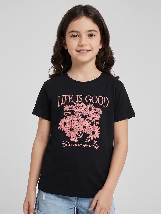 R&B Black Graphic Print Girls Round Neck Regular Fit Short Sleeves T-Shirt 