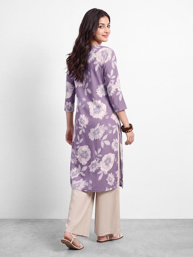 R&B Womens Lavender Three-Quarter Sleeves V Neck Floral Printed Straight Kurta