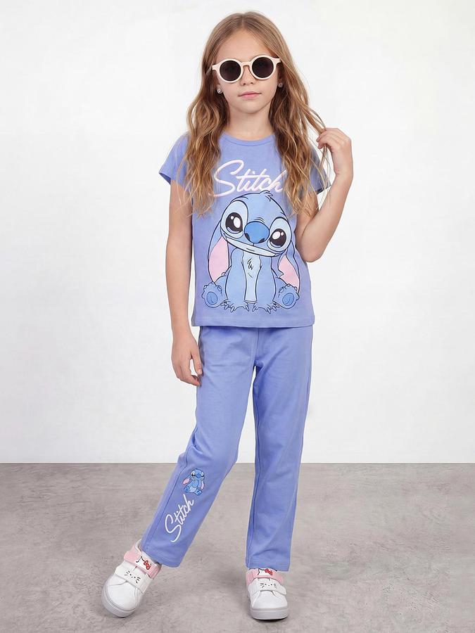 R&B Girls Blue Stitch Print Round Neck Short Sleeves Pure Cotton T-Shirt & Pyjama Set
