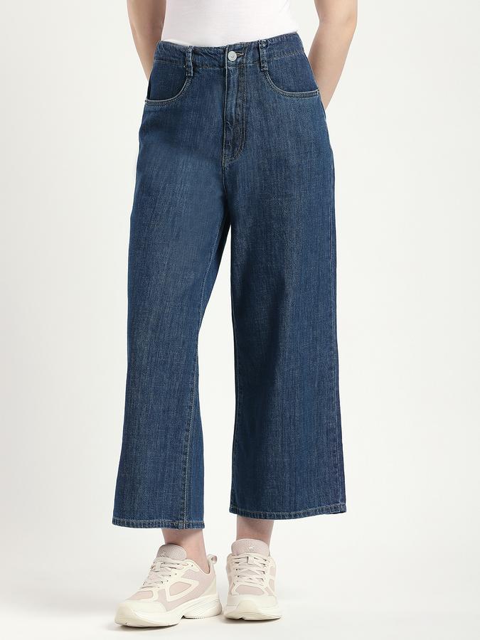 Women Cotton Wide Leg Mid Rise Faded Jeans