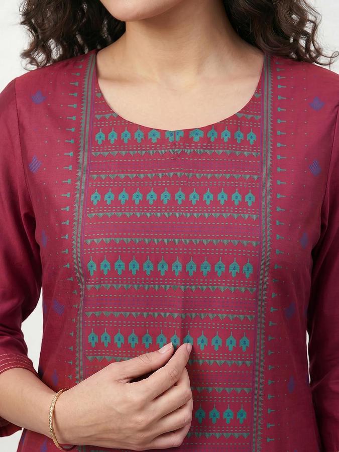 R&B Women Fuchsia Printed Round Neck Three-Quarter Sleeves Calf Length Straight Kurta 