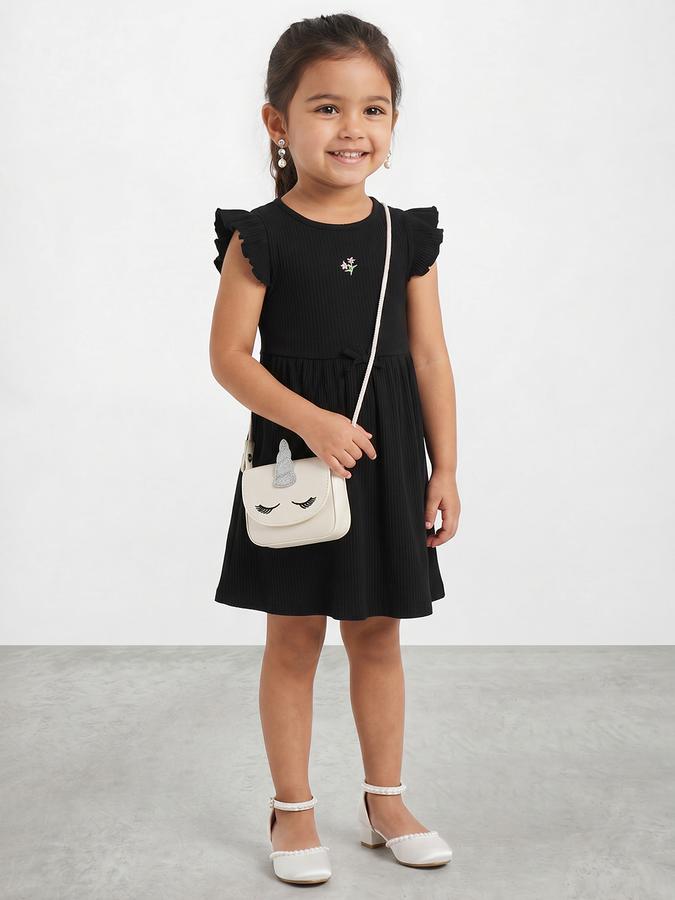 R&B Girl Black Floral Embroidery Flutter Sleeves Fit and Flare Dress
