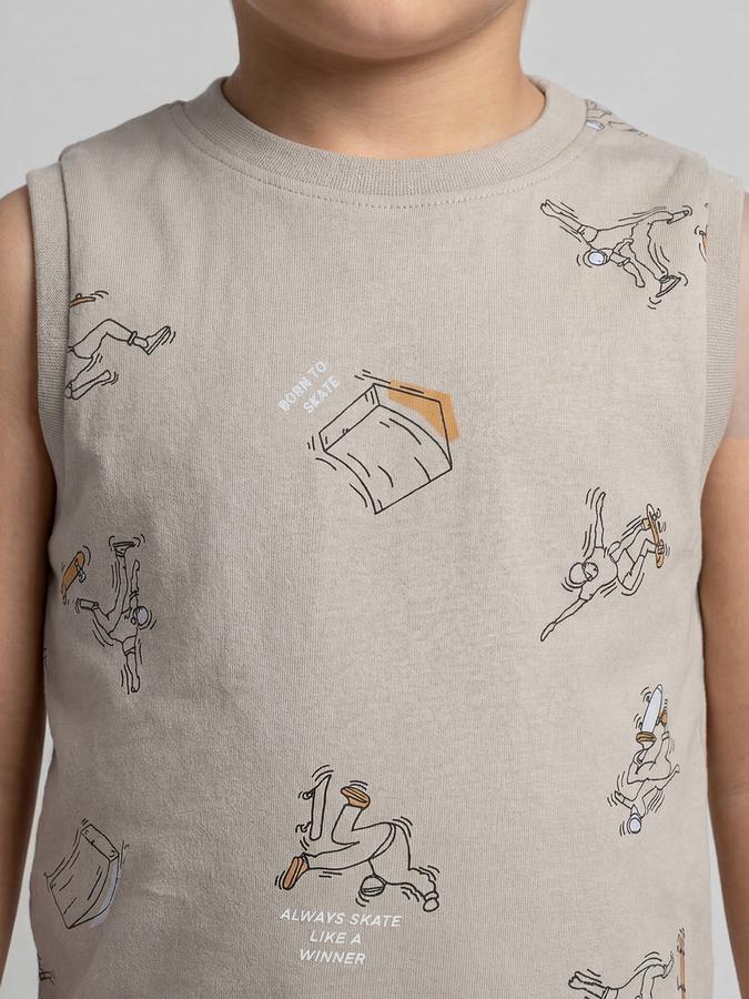 R&B Grey Graphic Print Boys Round Neck Regular Fit Sleeveless T-Shirt 