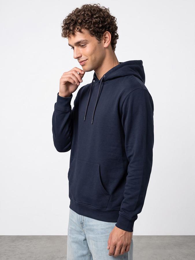 R&B Men Dark Blue Solid Hooded Long Sleeves Sweatshirt