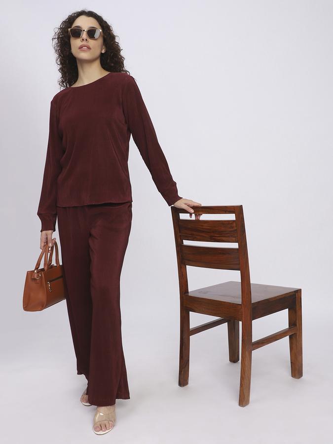 R&B Women Wine Textured Wide-Leg Trousers