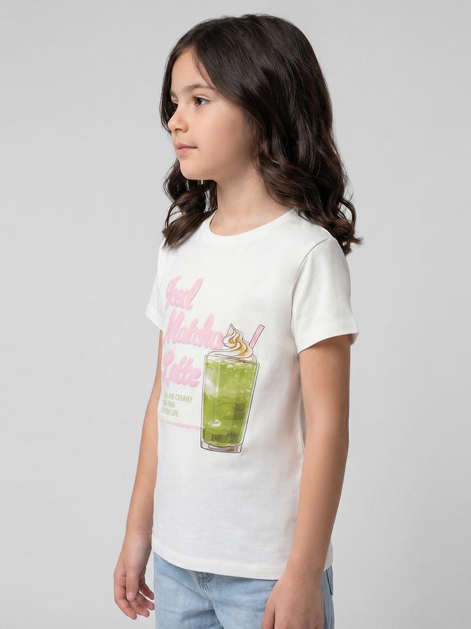 R&B White Graphic Print Girls Round Neck Regular Fit Short Sleeves T-Shirt 