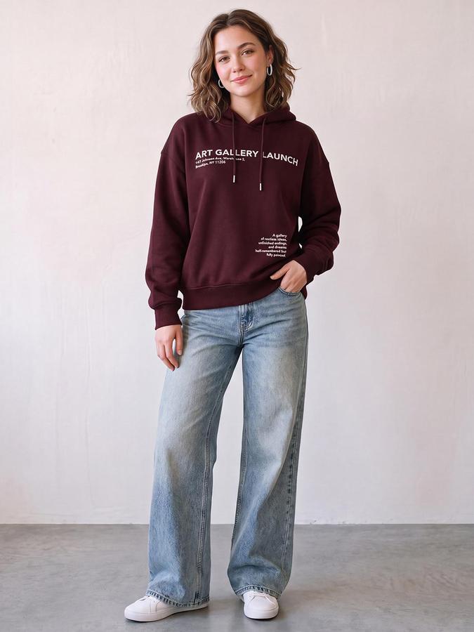 R&B Women Wine Typography Print Hooded Long Sleeves Sweatshirt