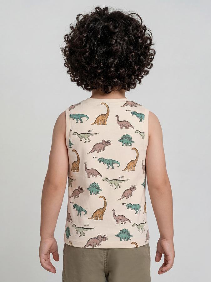 R&B Beige Graphic Print Boys Round Neck Regular Fit Sleeveless T-Shirt 