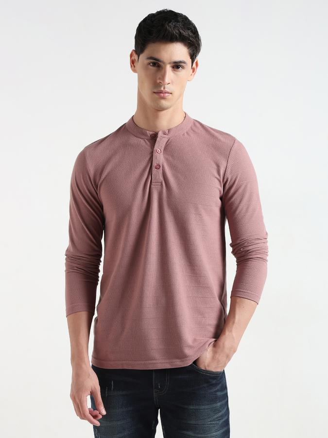 Men Cotton Blend Regular Fit Henley Textured T-shirt