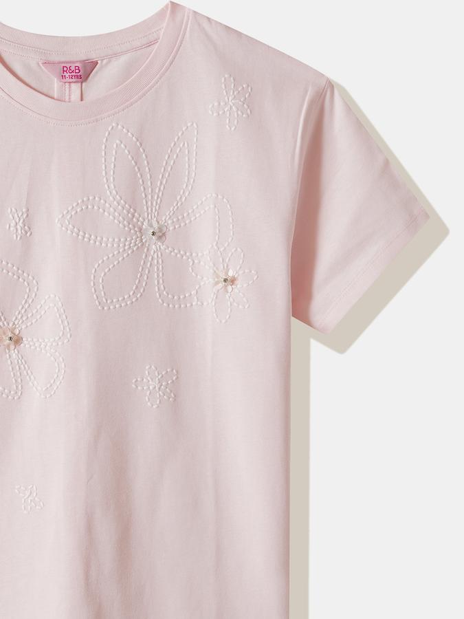 Girls Cotton Regular Fit Crew Neck Short Sleeve Embroidered Top