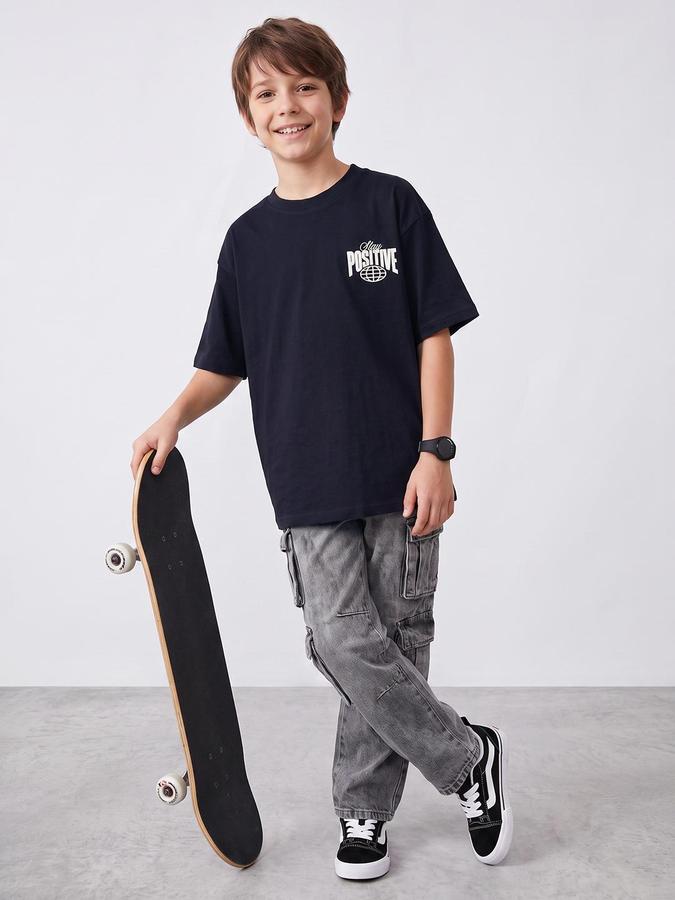 R&B Boys Navy Blue Graphic Back Print Short Sleeves Round Neck Pure Cotton T-Shirt