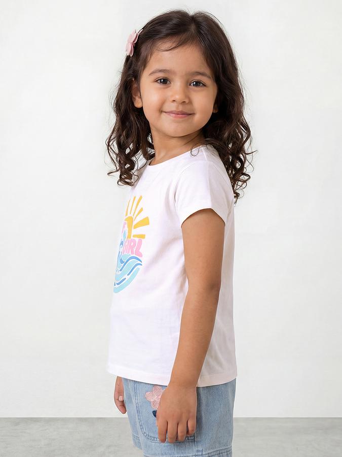 R&B Girls White Regular Fit Graphic Print Short Sleeve T-shirt