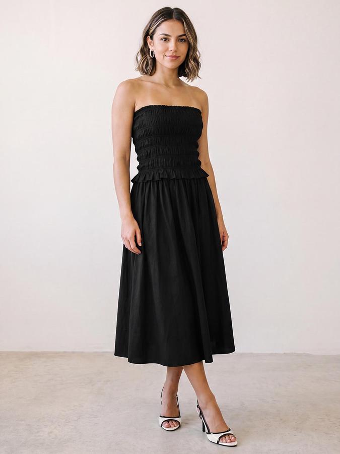R&B Women Black Solid Smocked Strapless Bandeau Dress