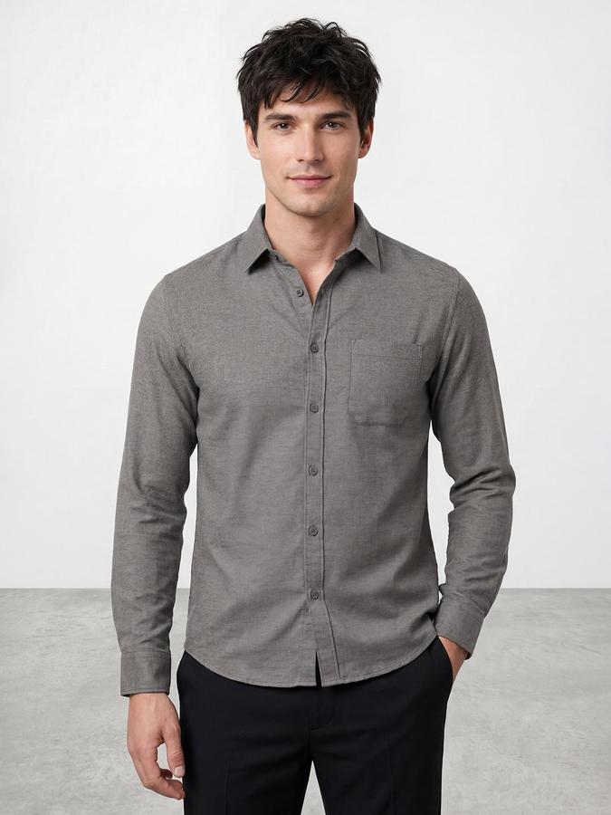 R&B Men Grey Solid Spread Collar Long Sleeves Regular Fit Shirt