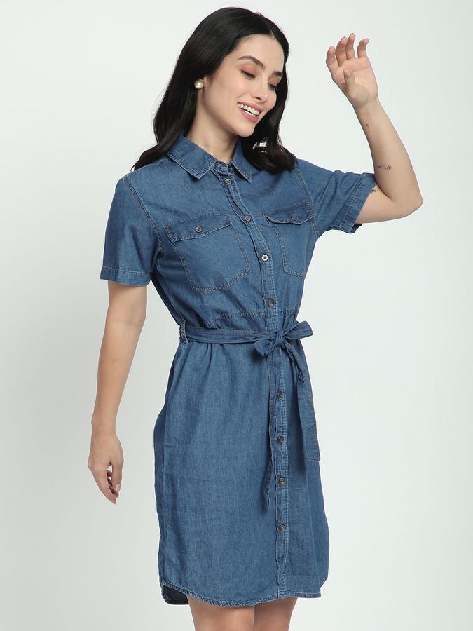 R&B Women Blue Solid Half Sleeves Shirt Collar Above Knee Fit &amp; Flare Dress