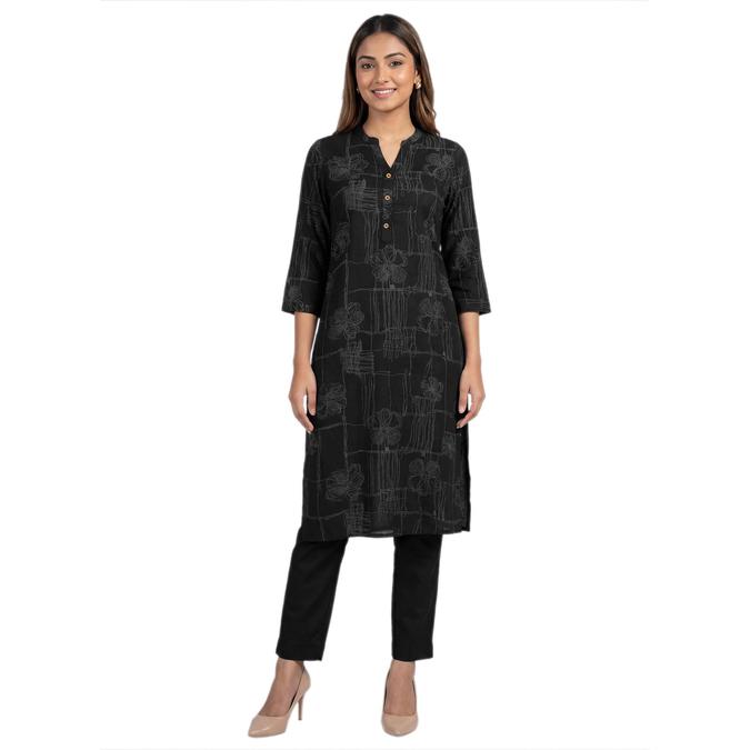 R&B Grey Women Mandarin Collar Three-Quarter Sleeves Kurta 