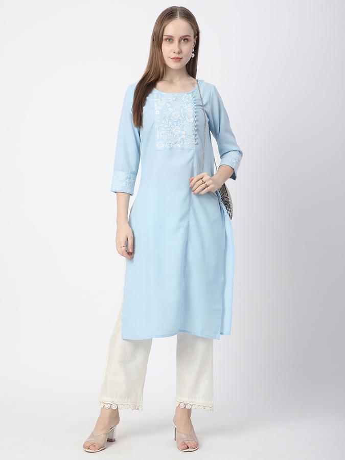 Women Rayon Regular Fit Round Neck Embroidered Kurta