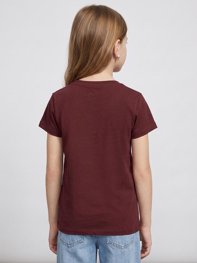 R&B Girls Burgundy Typography Print Short Sleeves Round Neck Pure Cotton T-Shirt