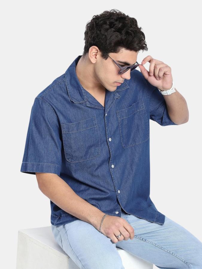 R&B  Navy Blue Solid Men Short Sleeves Relaxed Fit Shirts