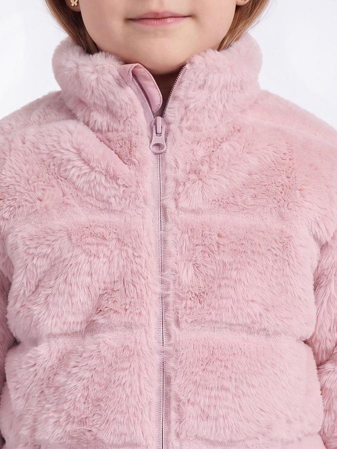 R&B Girls Pink Self Design Raised Collar Fur Jacket