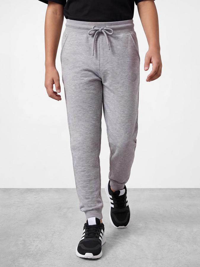 R&B Boys Grey Melange Printed Pure Cotton Mid Rise Joggers