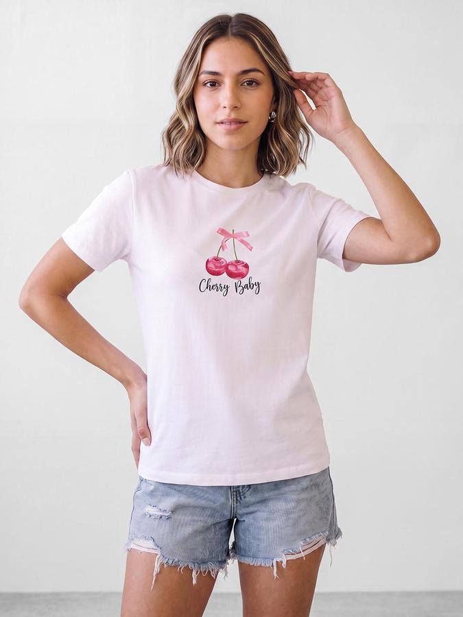 R&B Women White Cherry Print Short Sleeves Round Neck Pure Cotton T-Shirt
