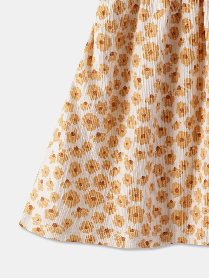 Girls Floral Print Ruffled Sleeve Round Neck A-Line Dress