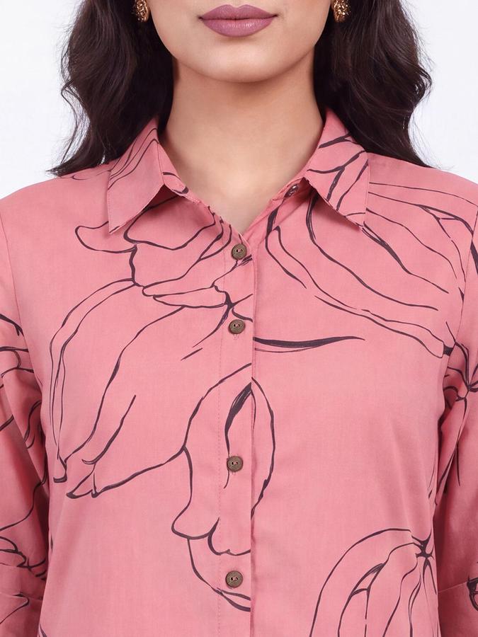 R&B Women Pink Floral Print Shirt Collar Short Sleeves Straight Kurta