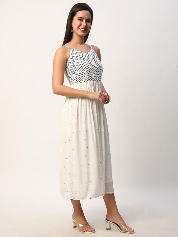 R&B Women White Chevron Sleeveless V-Neck Midi Fit &amp; Flare Dress