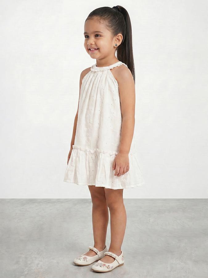 R&B Girl White  Self Design Pure Cotton Sleeveless A-Line Dress