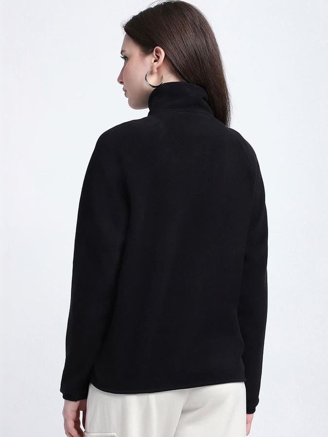 R&B Women Black Long Sleeves Solid High Neck Zipper Jacket