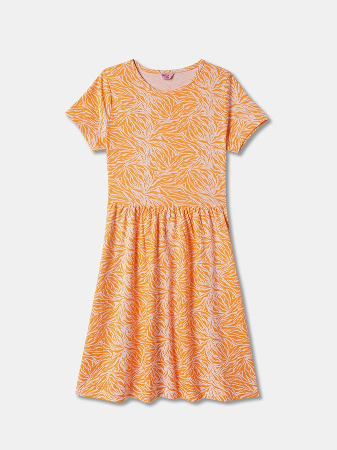 Girls Abstract Print Short Sleeves Round Neck Knee Length Dress