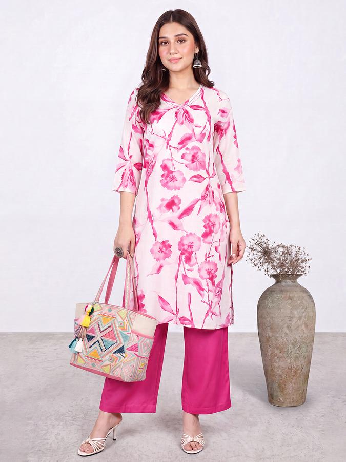 R&B Women Pink Three-Forth Sleeve V-Neck Floral Print Kurta