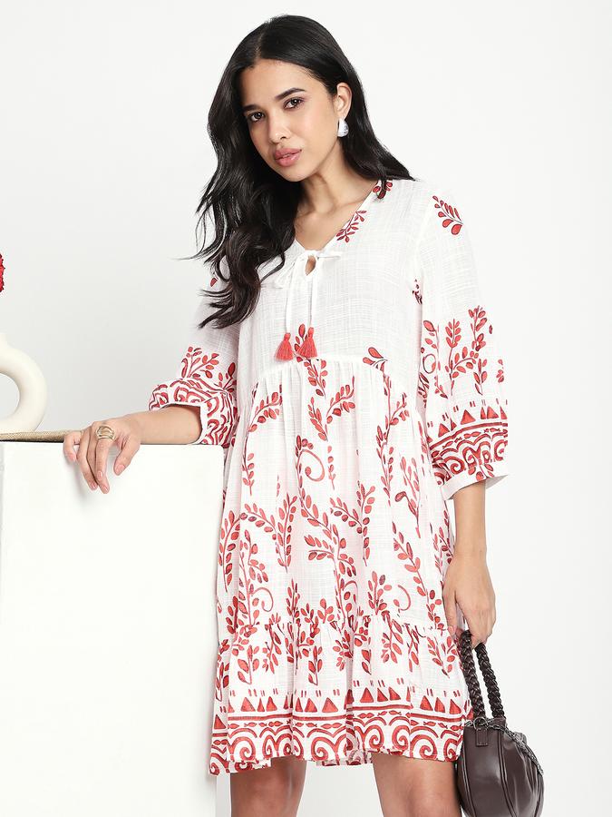 Women Cotton Regular Fit Tie-Neck Printed Top