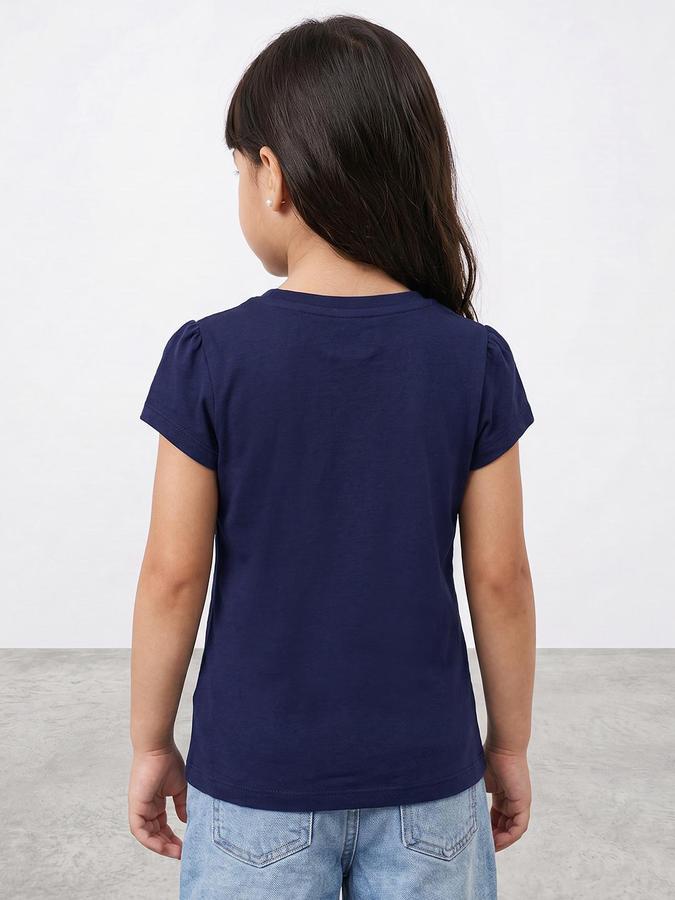 R&B Girls Navy Floral Print Short Sleeves Round Neck Pure Cotton T-Shirt