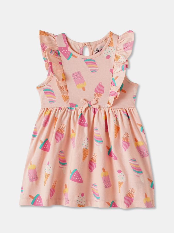 Girls Printed Ruffled Sleeveless Round Neck Above Knee Peach Dress