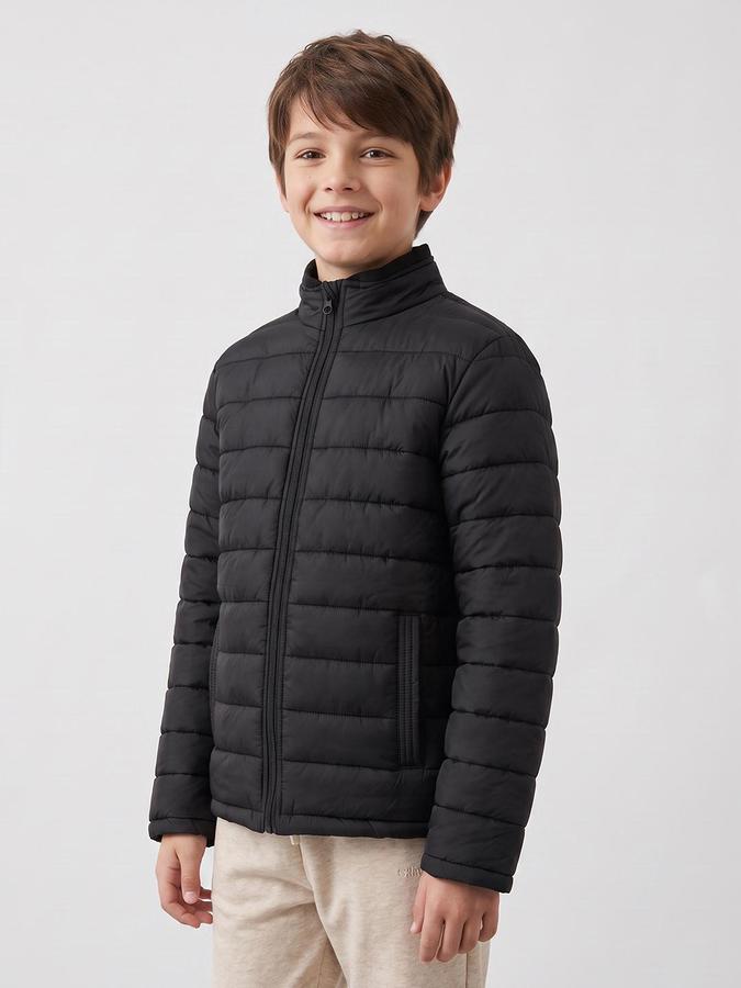 R&B Boys Black Self Design Mock Collar Long Sleeves Puffer Jacket