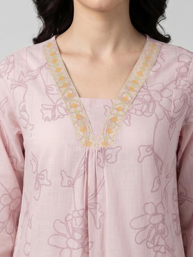 R&B Pink Embroidered Women Three-Quarter Sleeves V-Neck Kurta