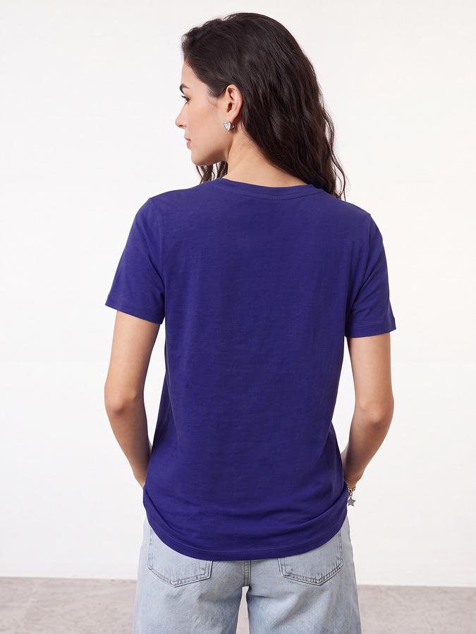 R&B Women Cobalt Blue Solid Short Sleeves V-Neck Tshirt