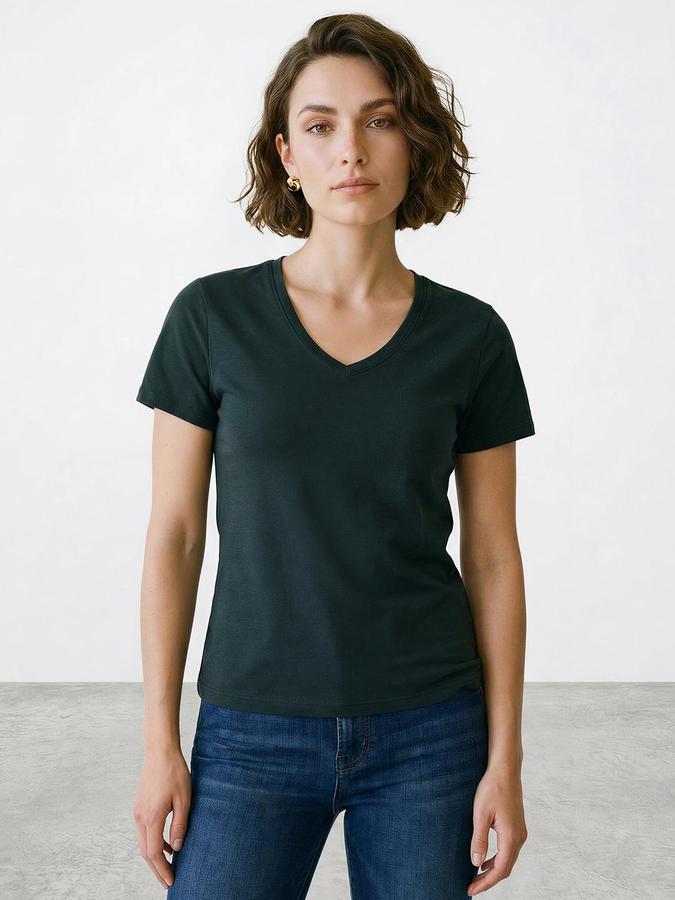 R&B Women Green Short Sleeve V Neck Solid T-Shirt