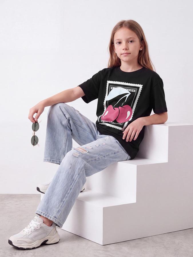 R&B Girls Jet Black Strawberry Print Short Sleeves Round Neck Pure Cotton T-Shirt