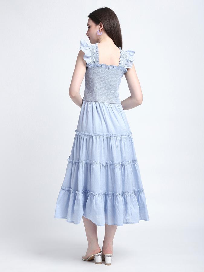 R&B Women Powder Blue Solid Smocked Tiered Dress
