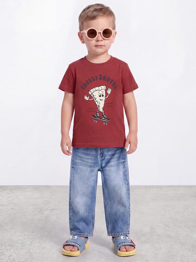 R&B Boys Red Short Sleeve Round Neck Pizza Skateboarding Print T-Shirt