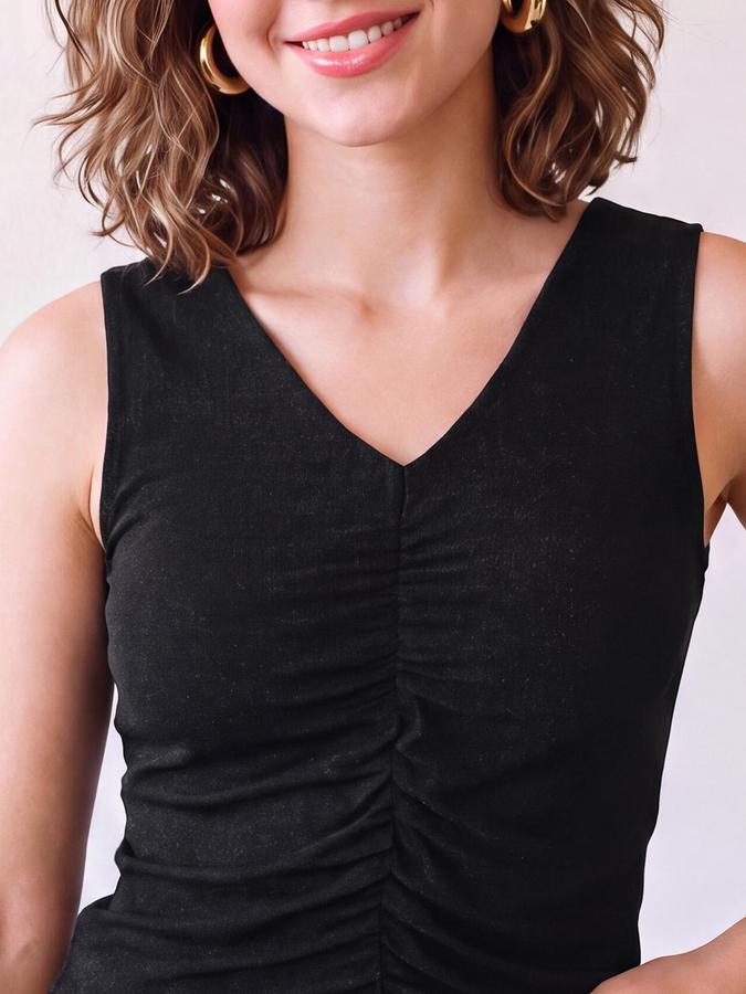 R&B Women Black Self Design V-Neck Sleeveless Ruched Tank Top